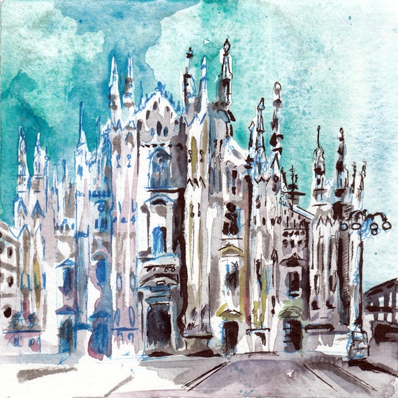 Piazza Del Duomo Milan Italy Watercolor and Ink Painting by