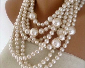 Chunky Statement Pearl Necklace ,multi strand pearl necklace Ivory Pearls, Statement Bridal Necklace,Bridesmaid gifts