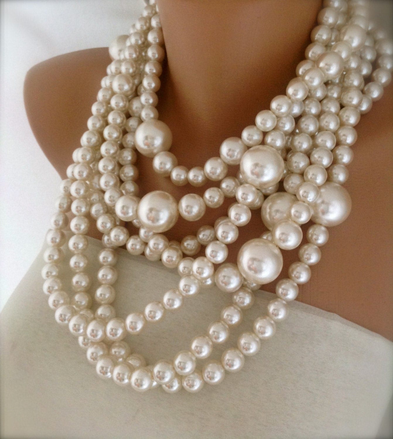 Chunky Statement Pearl Necklace Multi Strand Pearl Necklace