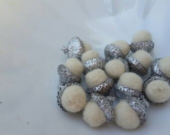 Silver Metallic Felted Acorns in Winter White Holiday Decor Home and Living