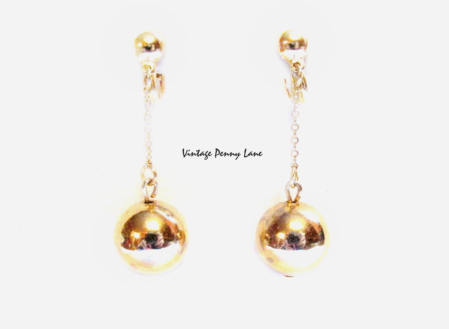 Vintage Gold Ball / Chain Dangle Earrings Clip Ons