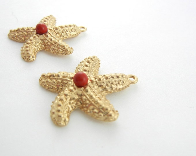 Pair of Matte Gold-tone Starfish Charms with Acrylic Red Coral Bead Center
