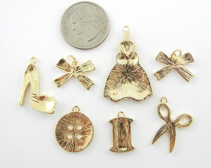 Set of 7 Fashion Themed Charms Gold-tone Black Epoxy