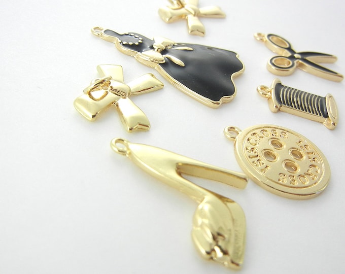 Set of 7 Fashion Themed Charms Gold-tone Black Epoxy