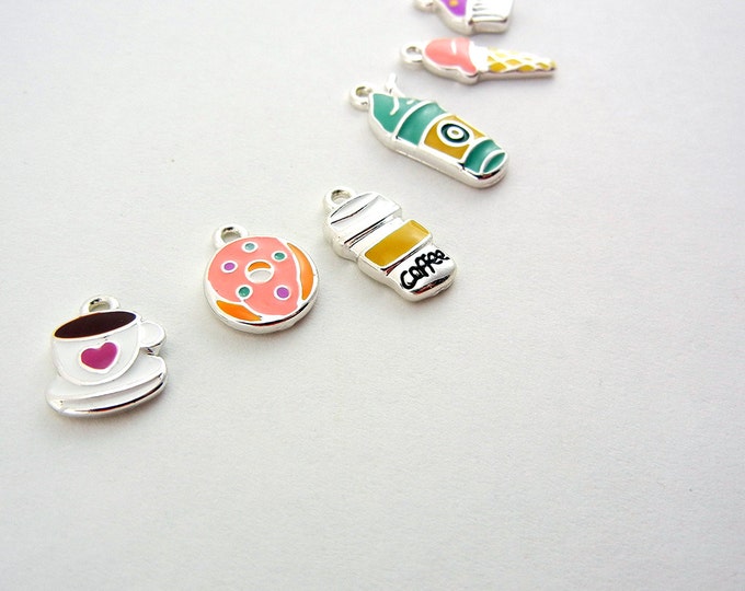 Set of 6 Dessert Themed Epoxy Charms Silver-tone