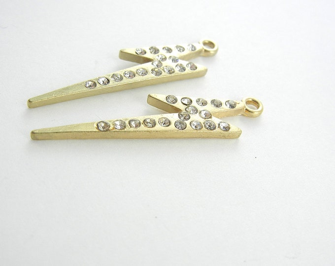 Pair of Small Gold-tone Lightning Bolt Charms with Rhinestones