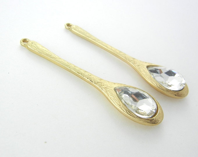 Pair of Brushed Gold-tone Rhinestone Spoon Drop Charms