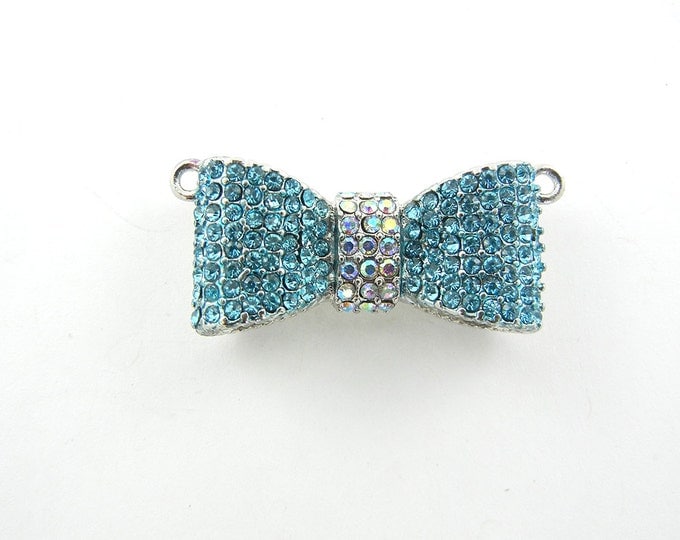 Dimensional Blue Turquoise Rhinestone Bow Pendant Double Link