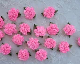 18pc PINK Satin Ribbon Fabric Flower Applique Shabby Chic Baby Doll Carnation Cabbage Rose Bow #1