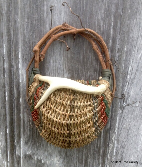 Deer Antler Wall Basket with Wild Grapevines in Natural Sage