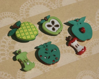 Apple Buttons - Apples Button - Granny Smith Sliced Apple Buttons - Sewing Shank Buttons - 7/8" Tall - 6 Buttons