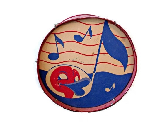 1940s toy drum - Duck face - Musical note - Vintage childrens drum