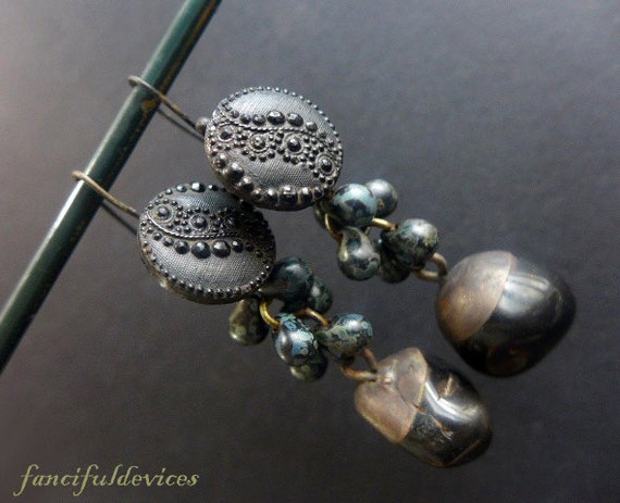 Darkest Night. Rustic assemblage earrings with onyx and buttons in black.