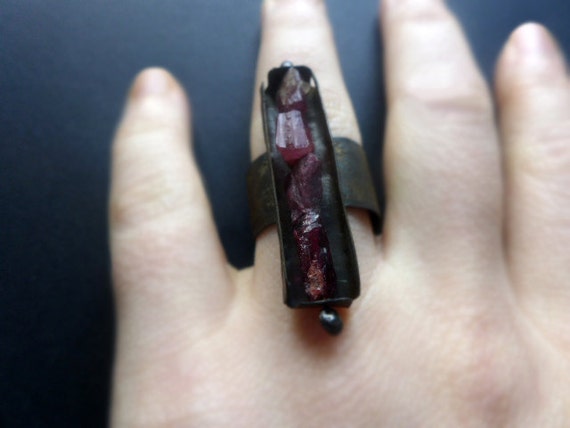 A Thousand Hearts. Rough raw RUBIES salvaged tin ring, vertical.