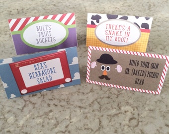 INSTANT DOWNLOAD and EDITABLE Toy Story Inspired Party Decor Decorations - Food Tents Labels Buzz, Woody, Mr Potato Head, Rex, Etch-a-Sketch