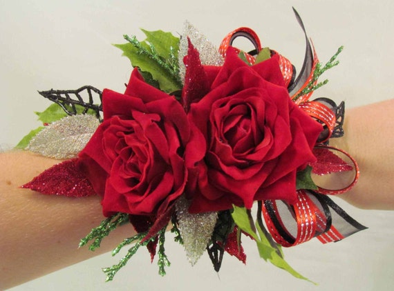 Red Rose Christmas Dance Wrist Corsage SALE PRICED by justanns