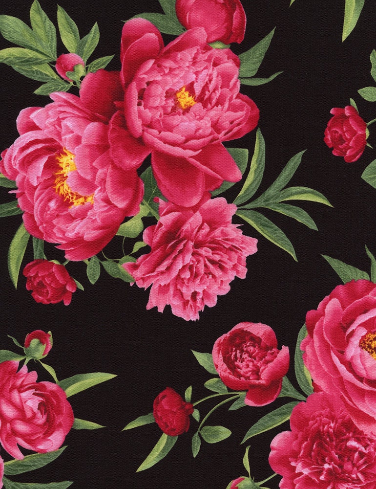 Black Pink Peony Large Flower Fabric Timeless Treasures