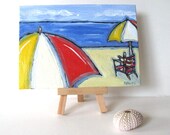 Original Beach Painting, Beach Cottage Chic, 5 x7, Umbrellas, Home Decor, Nautical Art