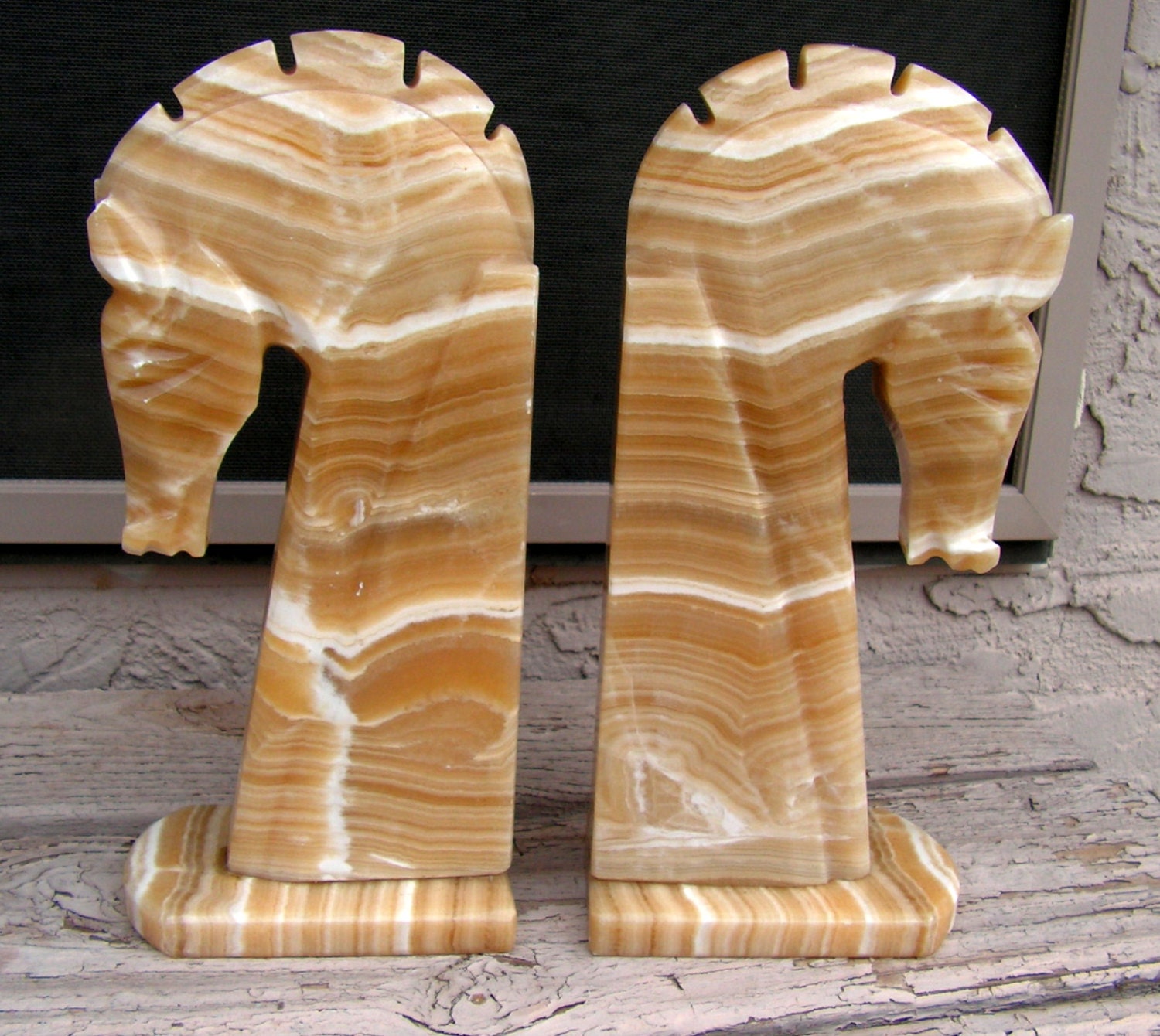 carved stone horse bookends
