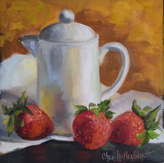 Kitchen Still Life Painting Strawberries and White Creamer
