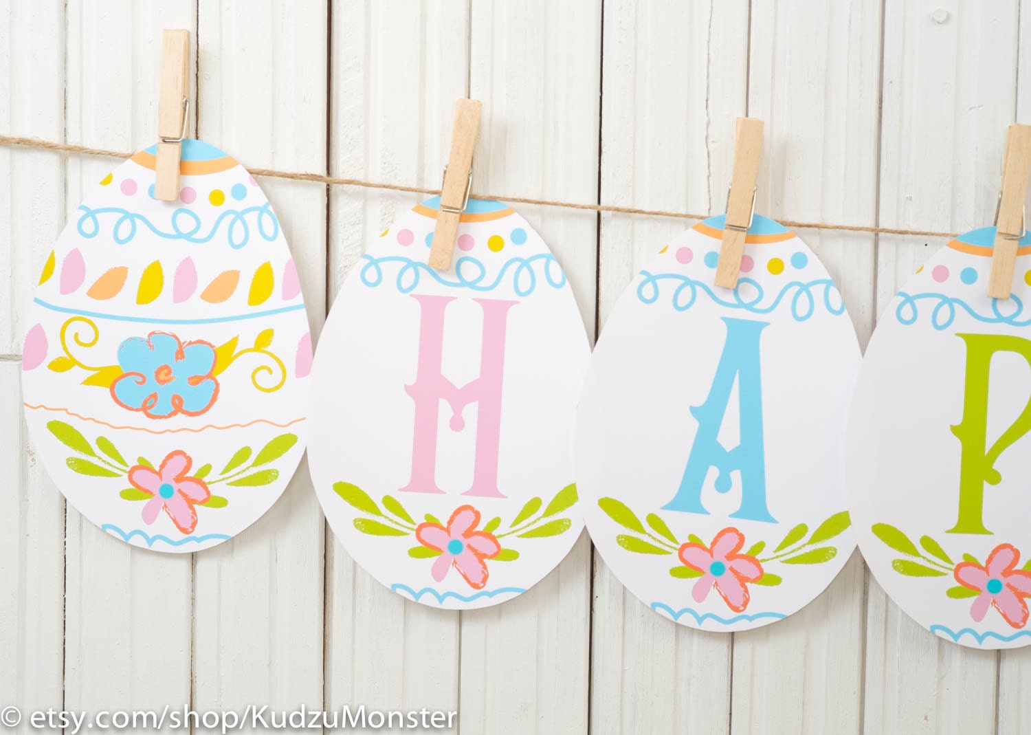 printable easter egg banner reads HAPPY EASTER cute colorful