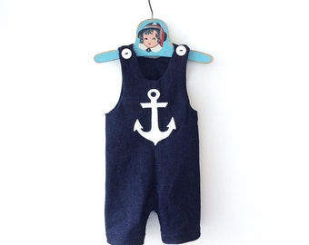 Denim Anchor Boys Overalls, Nautical Baby Jumpsuit, 1st Birthday Boy Outfit, 1st Birthday Nautical Overalls, Baby Sailor Outfit, Baby Romper