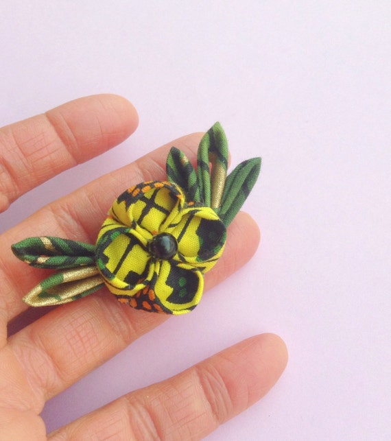 Men's Lapel Flower Pin: Yellow African Cotton Kanzashi Includes Shipping to US