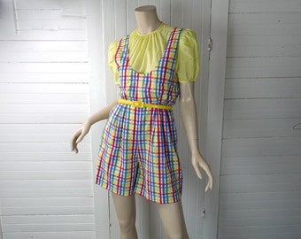 60s Plaid Shorts Romper- Primary Colors in Gingham Seersucker- Beach / Pool Party- 1960s Mod Playsuit / Overalls- Small