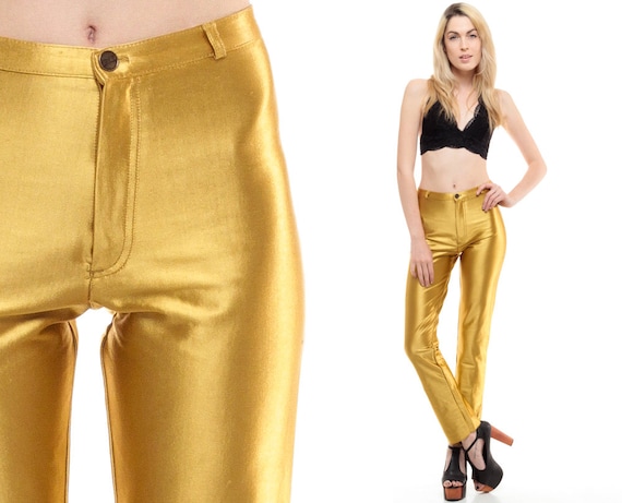 Gold Pants Shiny SPANDEX DISCO High Waisted Skinny Jeans 80s