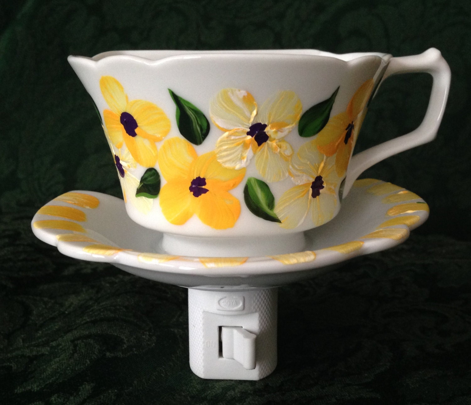 Night light Ceramic tea cup and saucer Hand Painted Yellow