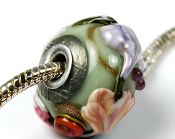 SRA Lampwork Glass Beads, BHB European Big Hole Charm Bead Green with Flowers 'Spring Garden'