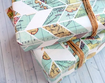 Wrapping Paper Sheets - Vintage Map Chevron Pattern - Travel Inspired Wrapping Paper - Pretty Gift Wrap - Vintage Gift Wrap