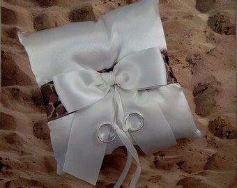 Camo Camouflage Military Ribbon White Satin Bow Wedding Ring Bearer Pillow