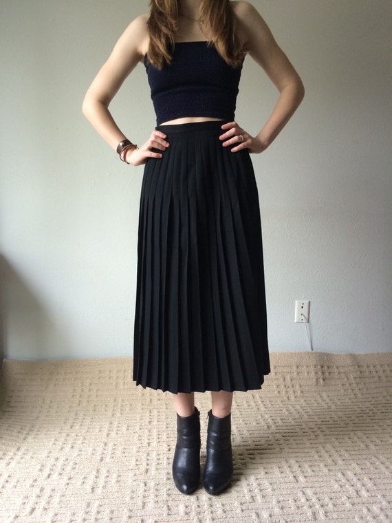 80s Wool Pleated Midi Skirt Black Pleated Midi by MileZeroVintage