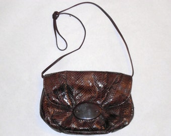 Vintage Leather and Reptile Skin Shoulder Bag Purse Pocketbook Chocolate Brown