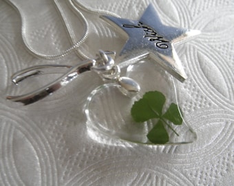 Lucky In Love-Transparent Resin Heart Pendant w/ Real 4 Leaf Clover, Star "WISH" Charm, Wishbone Charm-Symbolizes Love, Luck, Hope & Faith