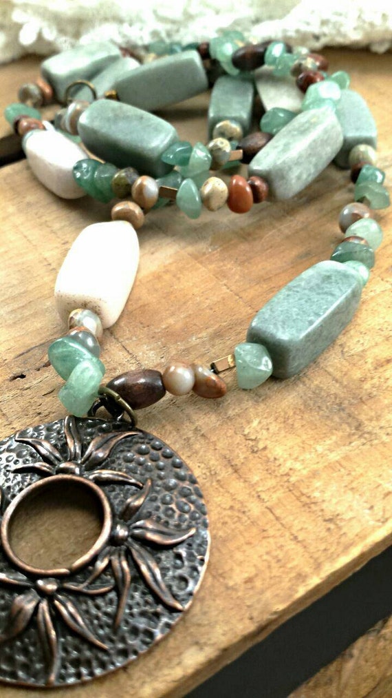 Green Jade Stone Earthy Boho long necklace- Jade Stone Necklace- Long ...