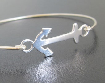 Women's Anchor Bracelet in Sterling Silver, Bangle Charm Bracelet, Nautical Gift Idea for Her