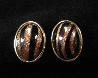 Striped Goldstone Art Glass Screw Back Earrings