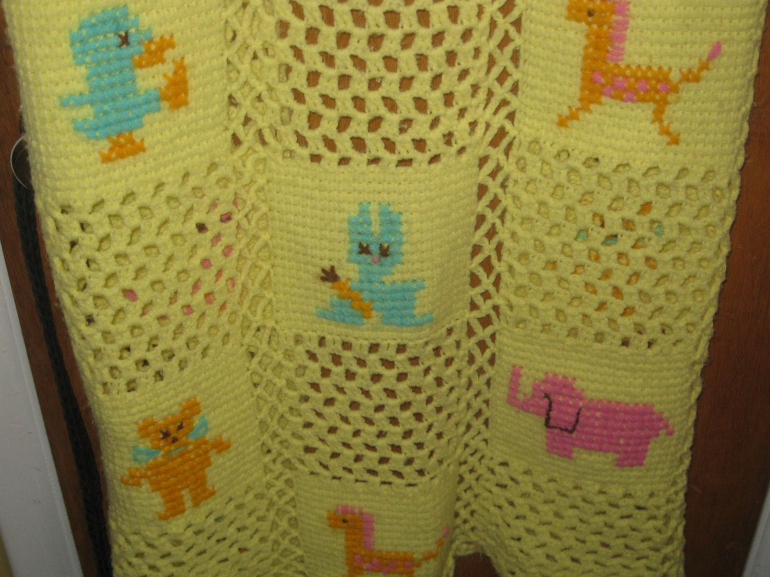 Vintage Yellow Baby Blanket Crochet with Cute Animals