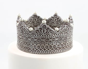 Antique Silver Sugar Paste Crown Cake Topper by lil sculpture