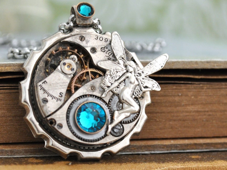 ONCE UPON A TIME steampunk antique Elgin pocket watch movement necklace with winged fairy and Swarovski glass cab