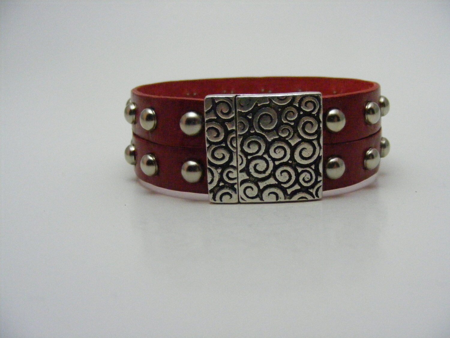 Red Studded Leather Bracelet with Clasp by CounterGirls