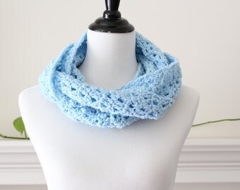 Crocheted Blue Infinity Scarf, Neckwarmer, Cowl