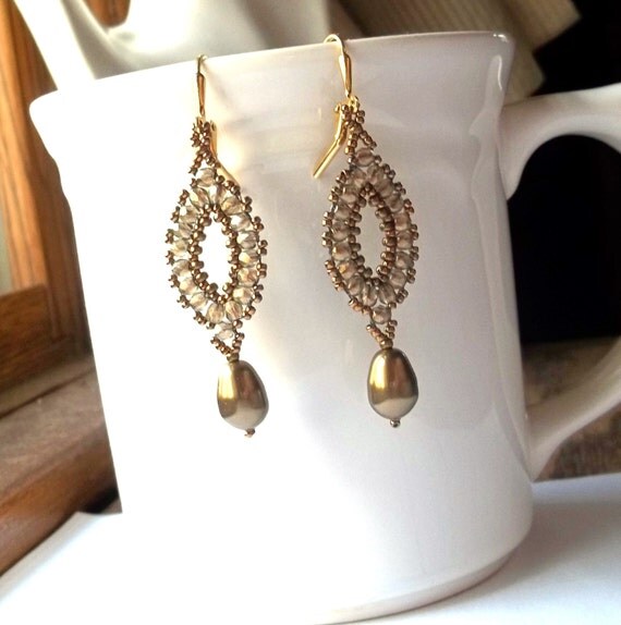 Beaded Woven Earrings in Gold with Pearl Dangle by BeBoDesigns