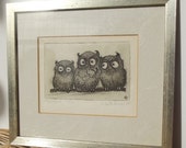 Owls Drawing Sketch Original Framed RARE Early 1968 Pencil Hand Signed Numbered "3 Nightowls" Early William Kolliker  Etching Framed