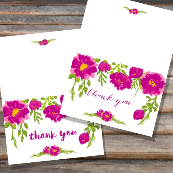 Thank You Card Painted Pink Flowers PRINTABLE by IlzesDesigns