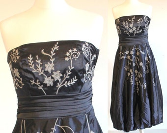80s satin evening gown // puffball long skirt // navy blue bridesmaid dress // 80s party dress // off shoulder dress // strapless dress