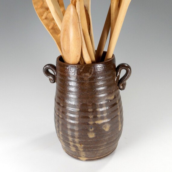 ... utensil holder - ceramic kitchen utensil holder - ceramic vase - brown