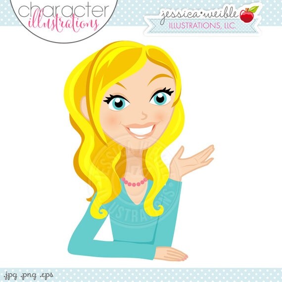 Cute Girl Gesturing Character Illustration - Teal Shirt - BLONDE, Woman Character, Talking Girl Illustration, Blog Character Il_570xn